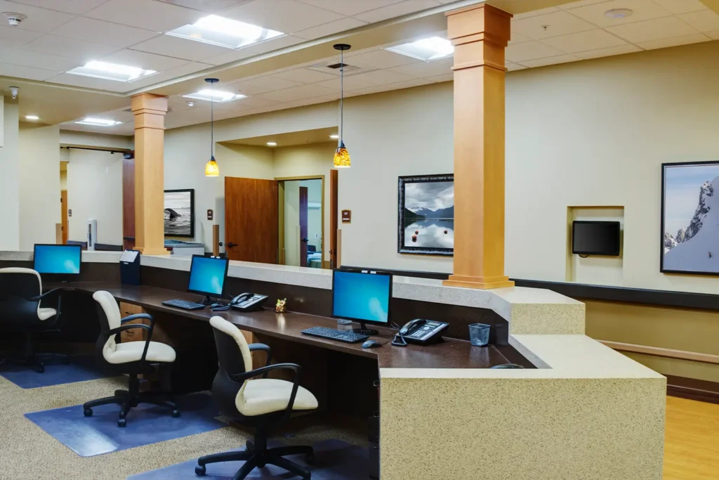 An empty reception area at a bank facility