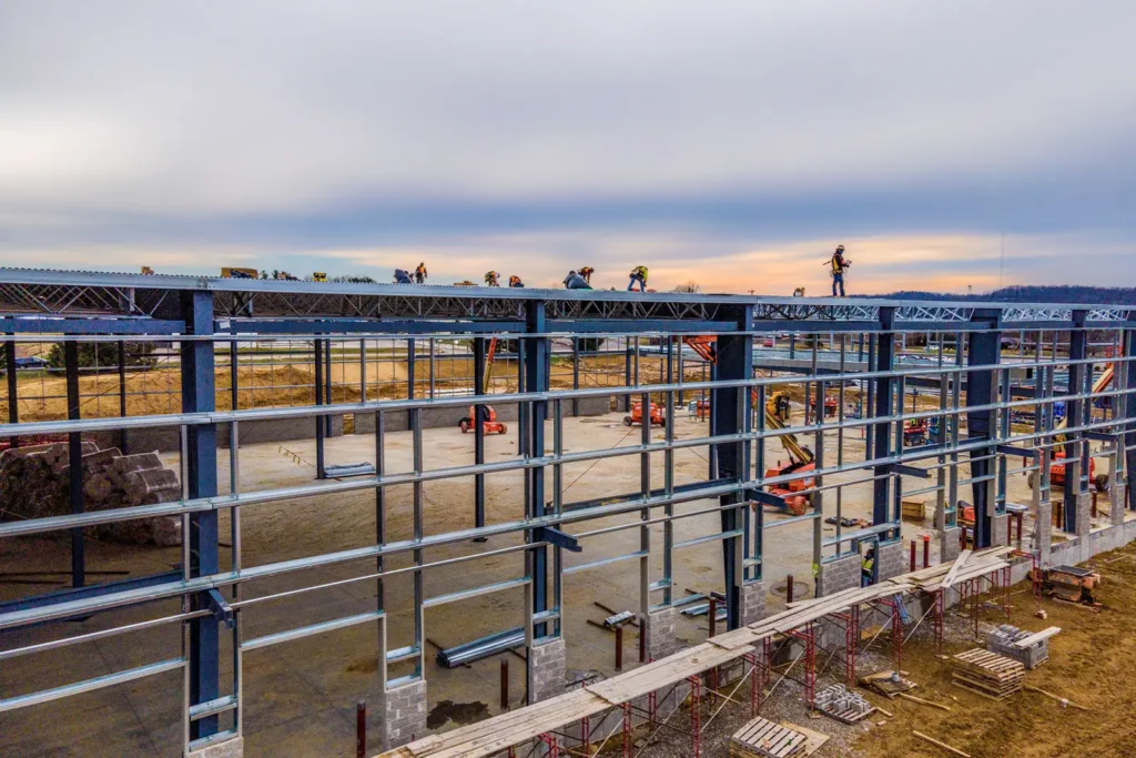 An aerial wide shot of a commercial construction site