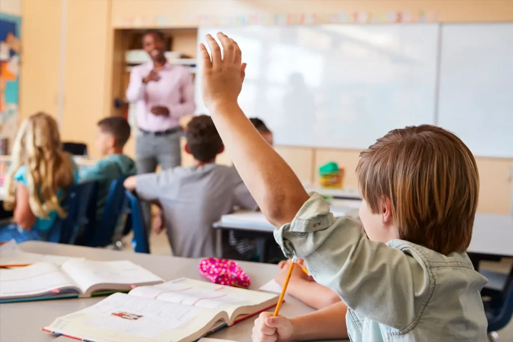 A child raises his hand in elementary school, while his teacher points at him.