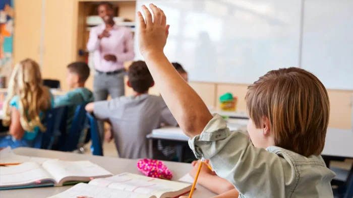A child raises his hand in elementary school, while his teacher points at him.