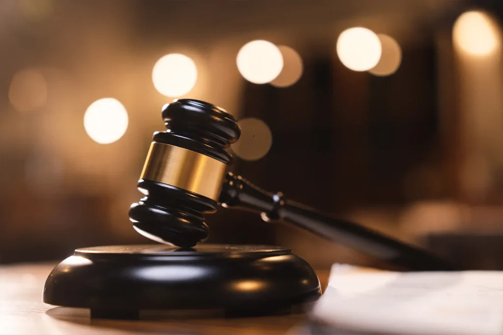 A close-up of a gavel resting on a sound block