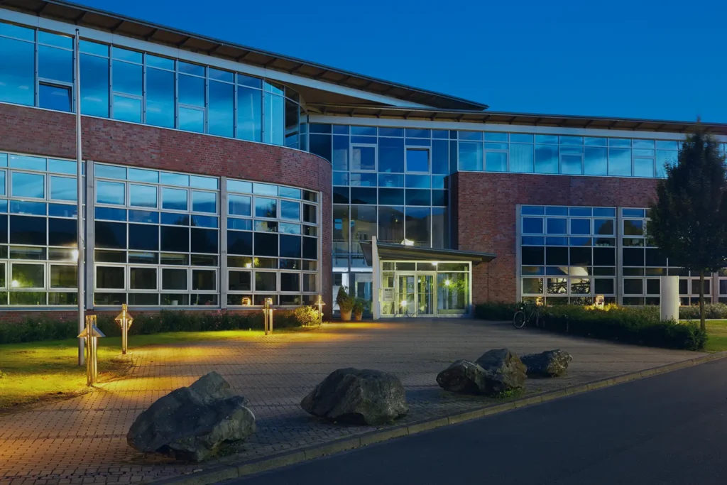 A modern glass and brick office building exterior