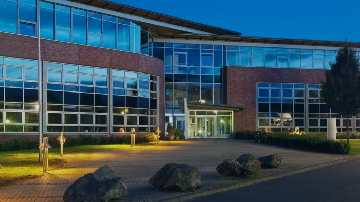 A modern glass and brick office building exterior