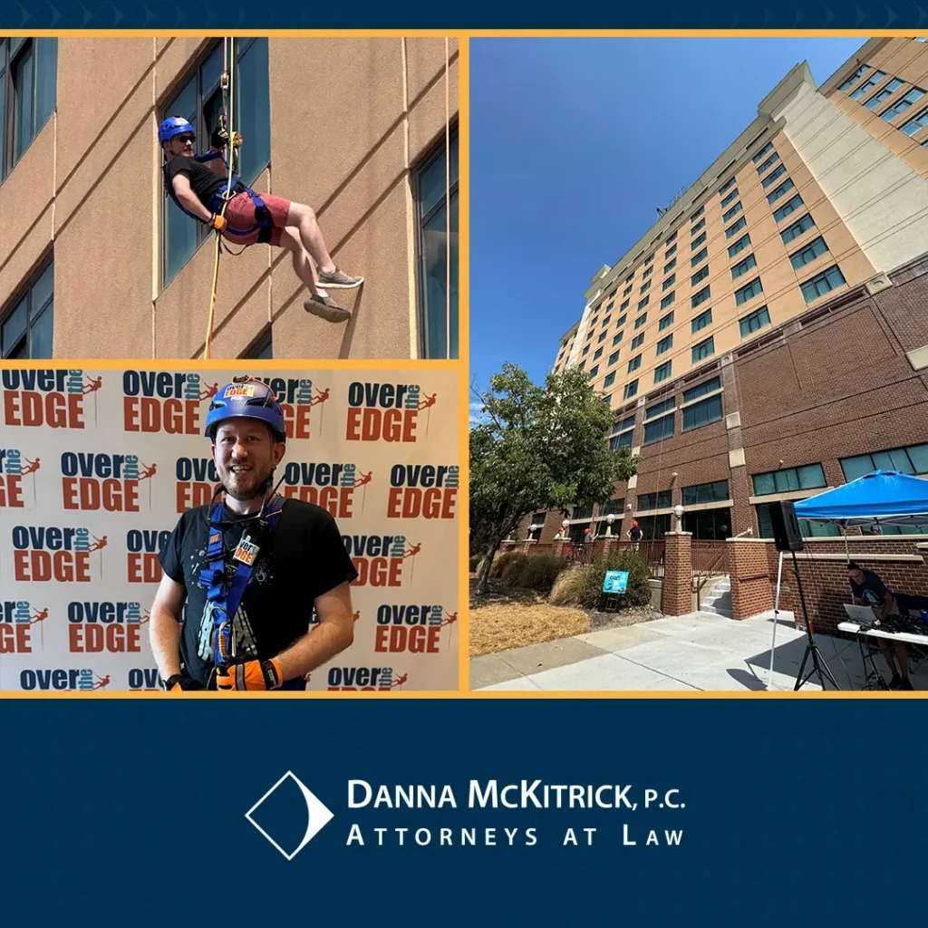 A collage of photos showcasing Danna McKitrick's participation in Over the Edge.