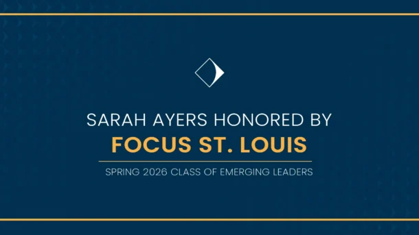 A decorative text graphic announcing Sarah Ayers' selection to the 2026 Class of Emerging Leaders program