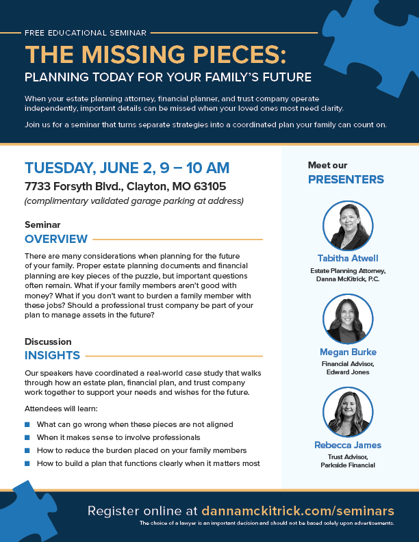 A flyer announcing a free educational seminar entitled "The Missing Pieces: Planning Today for Your Family's Future"