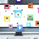 An all-in-one computer sits on a desk. In front of the monitor, colorful icons float in the air.