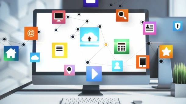 An all-in-one computer sits on a desk. In front of the monitor, colorful icons float in the air.